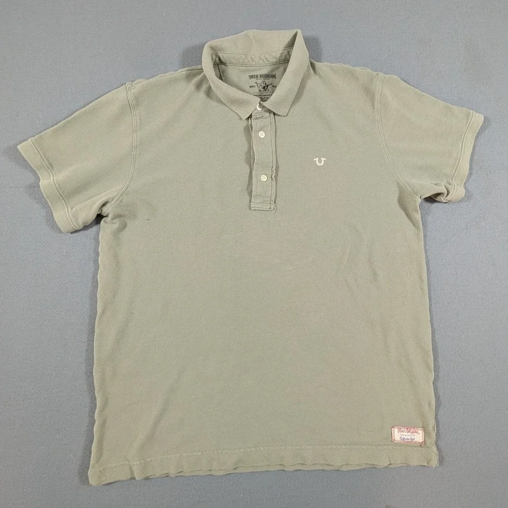 True Religion Polo Shirt Mens XXL Sage Green Short Sleeve Horseshoe Logo Pique